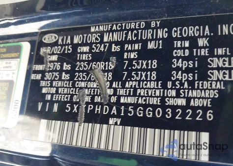 2016 Kia Sorento 2.0T Ex из США, поврежденный, VIN 5XYPHDA15GG032226